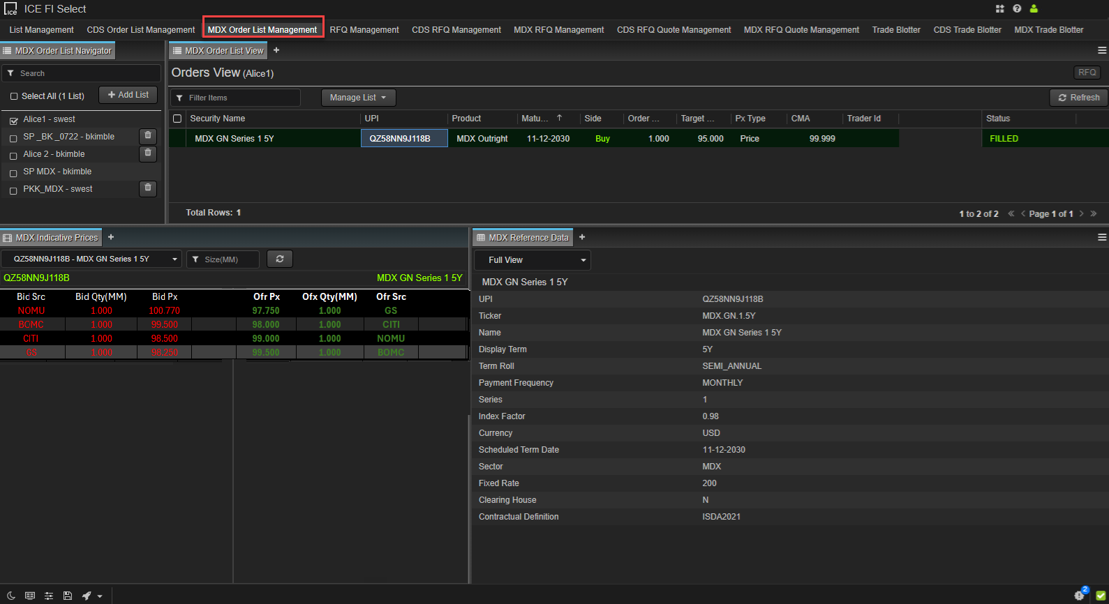 Screenshot of ICE FI Select interface showing pre-trade transparency features, including dealer indicative pricing and CMA composite pricing, with RFQ and voice-processing workflow options.